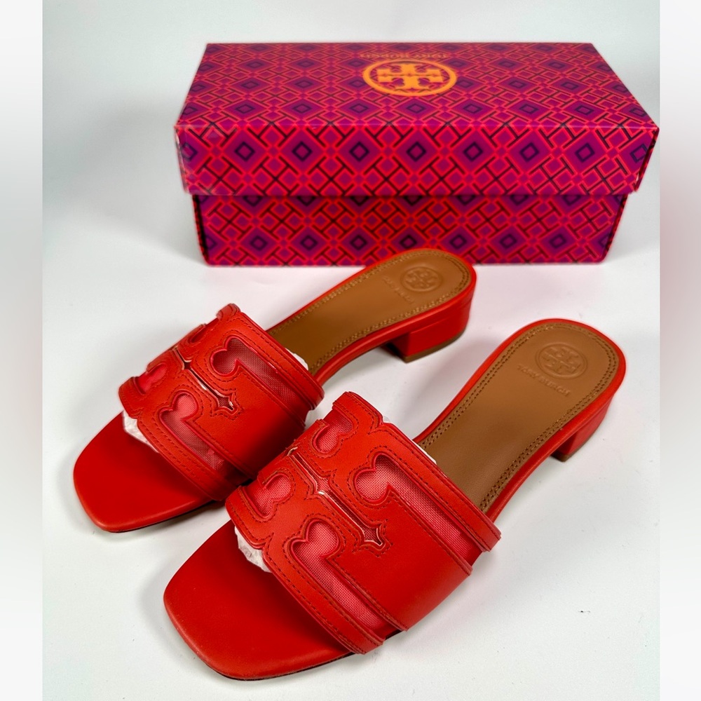 NIB Tory Burch Stitched Logo 30 mm Slide Sandals Calf Leather/Mesh Patent - Picture 6 of 11